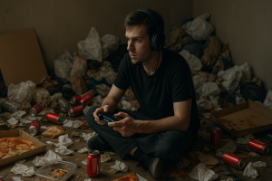 Jeune gamer assis par terre dans une chambre encombrée de détritus, jouant à la console avec un casque micro, reflet du repli numérique et du syndrome de Diogène.