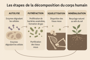 Infographie scientifique illustrant les principales étapes de la décomposition du corps humain, de l’autolyse à la minéralisation, dans un style neutre et pédagogique.
