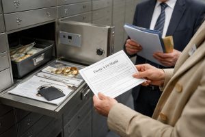 Héritiers et notaire ouvrant un coffre-fort bancaire après un décès, avec documents officiels, bijoux et papiers sur le plateau.