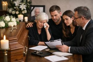 Famille en réunion avec un conseiller funéraire pour préparer l’organisation des funérailles autour d’un cercueil dans un salon funéraire