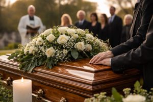 Cercueil en bois verni recouvert de roses blanches lors d’une cérémonie d’enterrement, avec des proches recueillis et un officiant en arrière-plan
