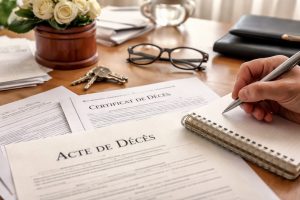 Bureau avec acte de décès, certificat de décès, dossier succession et formulaire de pension de réversion en cours de remplissage