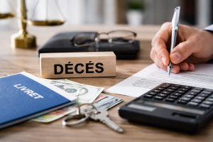 Main signant des documents de succession sur un bureau avec la mention « DÉCÈS », un livret bancaire, une calculatrice et des billets en euros
