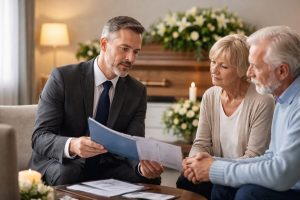 Conseiller funéraire présentant des documents à un couple âgé dans un salon funéraire, avec cercueil et fleurs en arrière-plan