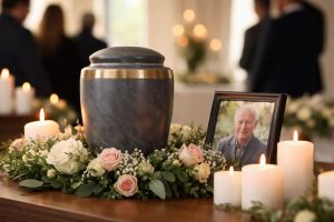 Urne funéraire en pierre sombre entourée de roses et de bougies, avec un cadre photo, pendant une cérémonie de crémation.