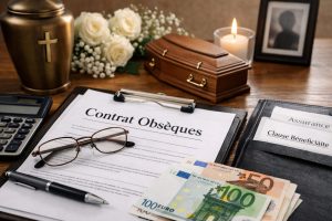 Document “Contrat Obsèques” avec calculatrice, lunettes, billets en euros, urne, fleurs blanches et bougie, illustrant l’optimisation d’un contrat obsèques.