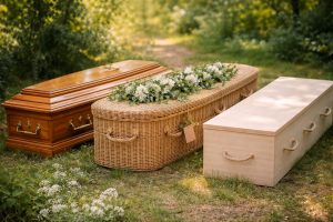 Trois cercueils alignés en extérieur sur l’herbe, dont un cercueil en bois verni, un cercueil en osier avec fleurs blanches et un cercueil clair avec poignées en corde, dans une ambiance naturelle et lumineuse.