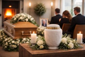 Urne funéraire blanche posée sur une table en bois avec roses blanches et bougies, cercueil fleuri et proches en arrière-plan dans un crématorium