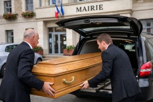 Deux agents funéraires chargent un cercueil en bois dans un corbillard stationné devant une mairie française, avec les drapeaux visibles en arrière-plan.