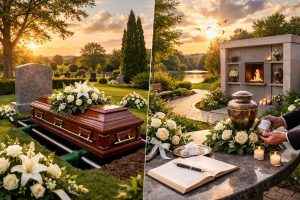 Scène horizontale réaliste montrant une inhumation avec cercueil fleuri dans un cimetière au coucher du soleil et, en parallèle, un espace de crémation avec urne, bougies et jardin du souvenir