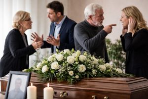 Scène réaliste dans un funérarium : plusieurs membres d’une famille se disputent devant un cercueil fleuri, illustrant un désaccord sur l’organisation des obsèques.