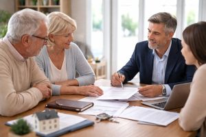 Notaire expliquant des documents de succession à une famille autour d’une table avec un ordinateur et des papiers