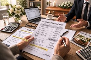 Deux personnes analysent un devis de pompes funèbres détaillé lors d’un rendez-vous dans un bureau funéraire