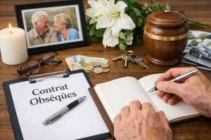 Main écrivant sur un carnet à côté d’un document “Contrat Obsèques”, avec une photo de couple âgé, une bougie, des lys blancs, des clés et une urne sur une table en bois.