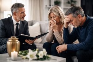 Conseiller funéraire discutant avec un couple endeuillé dans un salon, avec une urne, une bougie et des fleurs blanches au premier plan
