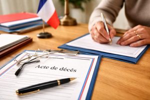 Personne remplissant un document administratif en mairie avec un acte de décès posé sur un bureau, drapeau français et stylos visibles