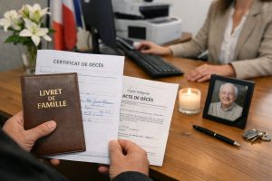 Personne tenant un livret de famille et un certificat de décès au guichet de l’état civil en mairie, avec une bougie et une photo du défunt sur le bureau.