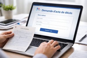 Personne effectuant une demande d’acte de décès en ligne sur un ordinateur portable tout en tenant un document officiel