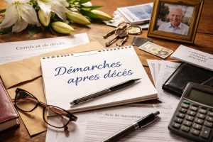 Table en bois avec documents administratifs, certificat de décès, carnet “Démarches après décès”, stylo, lunettes, calculatrice, clés, fleurs de lys et photo encadrée.
