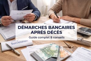 Deux personnes examinent un acte de décès et des documents de succession sur un bureau, avec calculatrice et dossiers liés aux démarches bancaires.