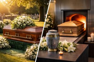 Image horizontale montrant à gauche une inhumation avec cercueil et fleurs blanches dans un cimetière, et à droite une crémation avec cercueil devant un four crématoire et une urne funéraire au premier plan.