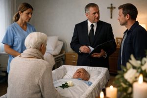 Scène en chambre d’EHPAD après un décès : une infirmière et un conseiller funéraire échangent avec un proche, tandis qu’une personne âgée se recueille près du défunt.