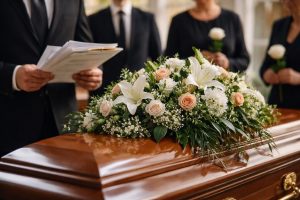 Gros plan d’un cercueil en bois verni avec une gerbe de fleurs blanches et roses, tandis que des proches en tenue sombre tiennent des documents et une rose blanche en arrière-plan.