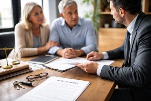 Entretien entre un notaire et un couple concernant une déclaration de décès et la gestion de la succession, avec un acte de décès posé sur le bureau