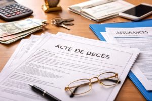 Acte de décès posé sur un bureau avec documents de banque et d’assurances, illustrant les démarches administratives après un décès