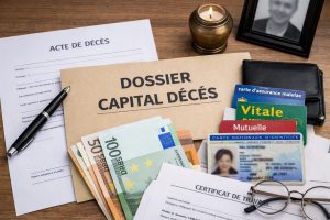 Documents nécessaires pour demander un capital décès en France : acte de décès, dossier, carte Vitale, pièce d’identité, RIB et justificatifs, posés sur une table.