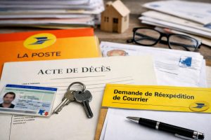 Documents de succession et formulaire de réexpédition La Poste posés sur une table, avec acte de décès, clés, enveloppes et papiers administratifs.