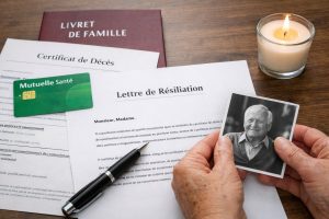 Main tenant une photo d’un proche décédé au-dessus d’une lettre de résiliation, avec certificat de décès, carte de mutuelle et livret de famille sur une table