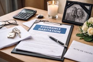 Dossier d’assurance habitation sur un clipboard avec clés de maison, stylo, acte de décès, bougie allumée et photo de couple sur une table.