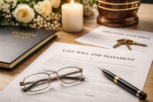 Document de testament ouvert sur un bureau en bois avec stylo, lunettes, dossier de contrat obsèques, directives anticipées, bougie allumée et urne funéraire en arrière-plan