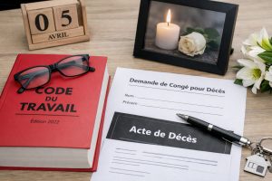 Bureau en bois avec un Code du travail, une demande de congé pour décès, un acte de décès, un stylo, une photo de bougie et une rose blanche, avec un bouquet de lys.