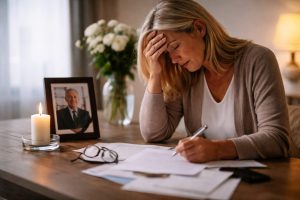 Femme endeuillée assise à une table, la main sur le front, remplissant des papiers de formalités avec une photo du défunt et une bougie à côté