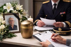 Main signant un formulaire de demande de dérogation préfectorale, avec urne funéraire, bougie allumée, portrait du défunt et agent en uniforme en arrière-plan