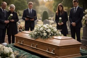 Cercueil en bois clair recouvert de fleurs blanches, entouré de proches en tenue sombre dans un cimetière, lors d’une inhumation