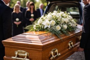 Cercueil en bois verni avec poignées dorées, recouvert d’une composition de fleurs blanches, entouré de proches lors d’une cérémonie au cimetière.