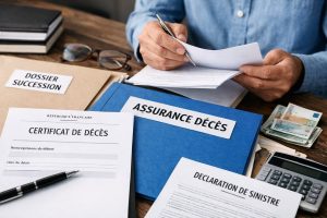 Personne remplissant un dossier d’assurance décès avec certificat de décès, déclaration de sinistre, documents de succession et calculatrice sur un bureau