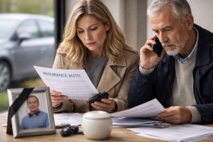 Un homme et une femme consultent des documents d’assurance auto après un décès, avec des clés de voiture et une photo encadrée sur la table.