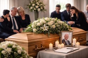 Cercueil en bois clair recouvert de fleurs blanches, photo du défunt et bougies lors d’une cérémonie funéraire en intérieur