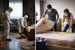 Scène réaliste de nettoyage après décès montrant à gauche des techniciens en combinaison de protection désinfectant une pièce, et à droite un couple nettoyant une chambre avec gants et masque.