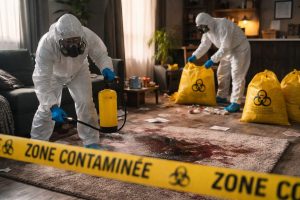 Techniciens en combinaison de protection réalisant un nettoyage après décès dans un salon, avec pulvérisateur de désinfection et sacs de déchets biologiques.