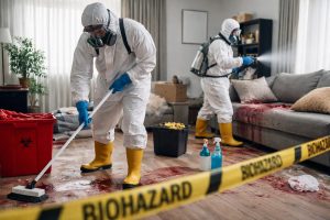 Techniciens en combinaison de protection réalisant une décontamination et désinfection d’un salon après un décès, avec matériel de sécurité et zone balisée.