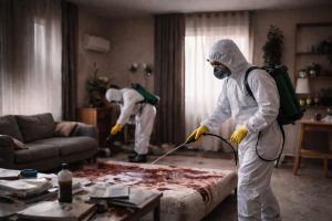 Deux techniciens en combinaison de protection désinfectent une pièce d’habitation lors d’un nettoyage après décès.