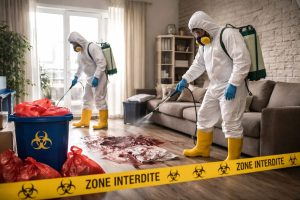 Deux techniciens en combinaison de protection et masque respiratoire désinfectent un salon après un décès, avec déchets biologiques sécurisés et zone interdite.
