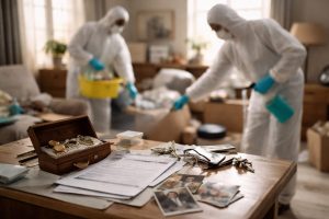 Deux professionnels en combinaison de protection désinfectent un salon, avec documents, clés, photos et bijoux mis de côté sur une table pour la succession.