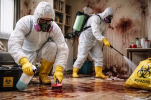 Deux techniciens en équipements de protection nettoient et désinfectent une pièce lors d’un nettoyage après décès, avec matériel de biosécurité et évacuation des déchets.