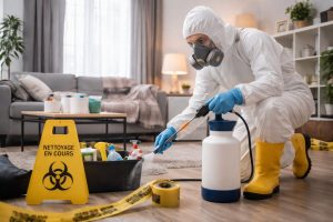 Professionnel en combinaison de protection réalisant une désinfection lors d’un nettoyage après décès dans un salon, avec matériel spécialisé et signalisation de sécurité.